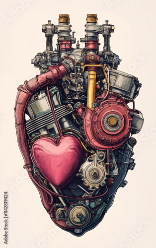 Mechanical heart made of intricate gears, pipes, and metal components, featuring industrial steampunk design, futuristic concept art, and detailed machinery symbolizing innovation and technology. photo