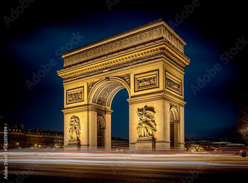 Striking night view of Arc de Triomphe with light trails in Paris. photo