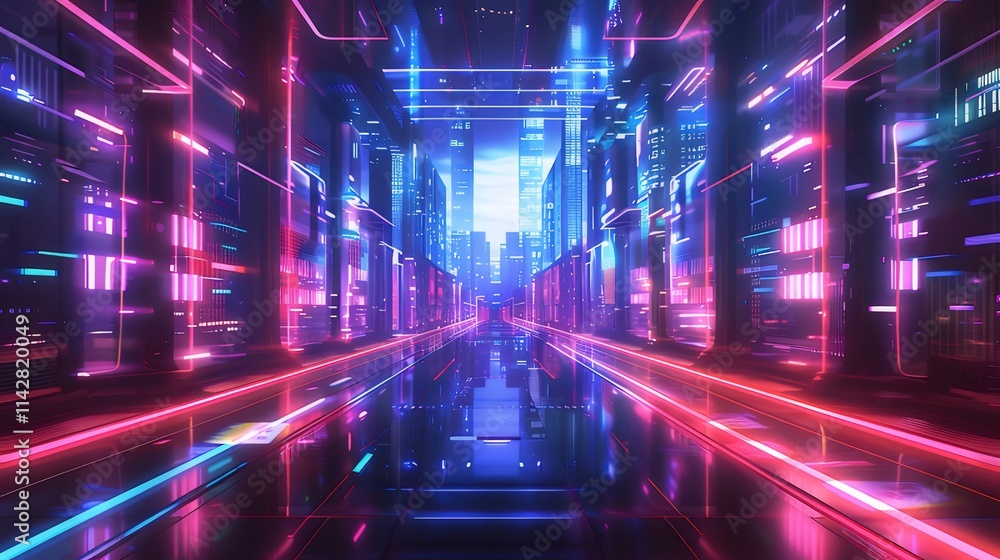 Neon-lit futuristic city street with glowing lines and reflections. Neon-lit futuristic city street with glowing lines and reflections.