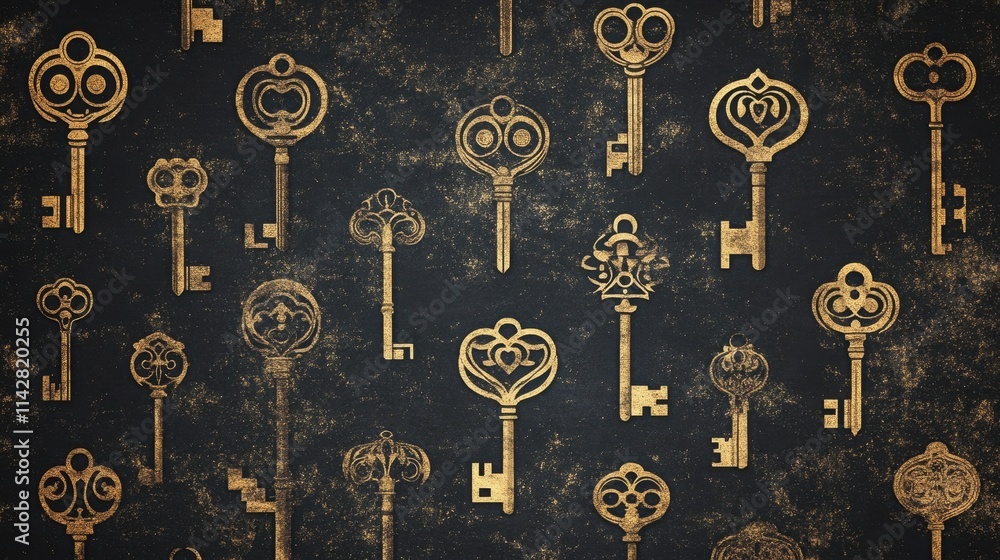Golden Keys Pattern: A captivating background texture featuring a collection of antique golden keys, each with its own unique design, scattered across a dark, textured surface. Golden Keys Pattern: A captivating background texture featuring a collection of antique golden keys, each with its own unique design, scattered across a dark, textured surface.