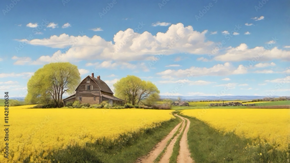A springtime rural scene with a clear sky above a yellow field in bloom A springtime rural scene with a clear sky above a yellow field in bloom
