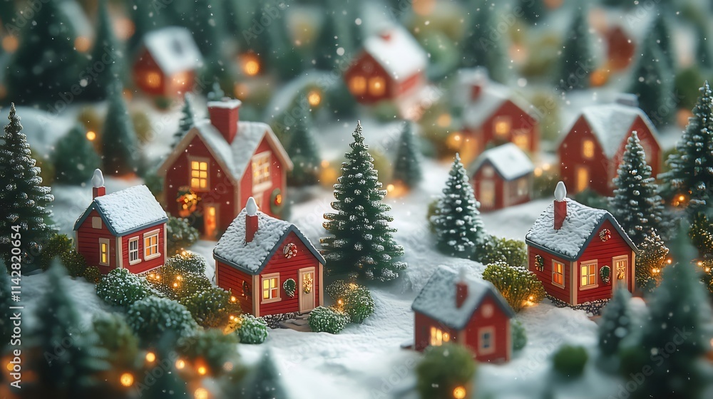 Miniature snow-covered village with warm lights. Miniature snow-covered village with warm lights.