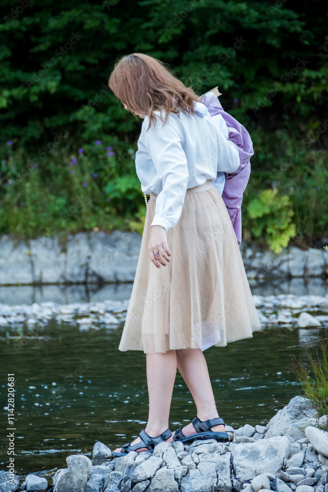 girl, teenager, walks on stones, in the river, with a veil, glasses, beads, water, clean, thickets, forest, posing, summer, day, travel, tourism, park, walk, lake girl, teenager, walks on stones, in the river, with a veil, glasses, beads, water, clean, thickets, forest, posing, summer, day, travel, tourism, park, walk, lake