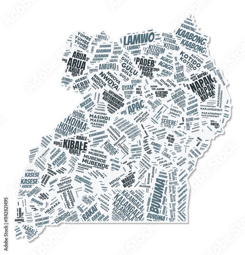 Uganda shape text cloud. Country border with shadow on white background. Uganda with regions division in vintage gazette style. Creative vector illustration.