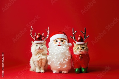 A domestic cat sits next to two Christmas-themed figurines, ideal for holiday-themed projects photo