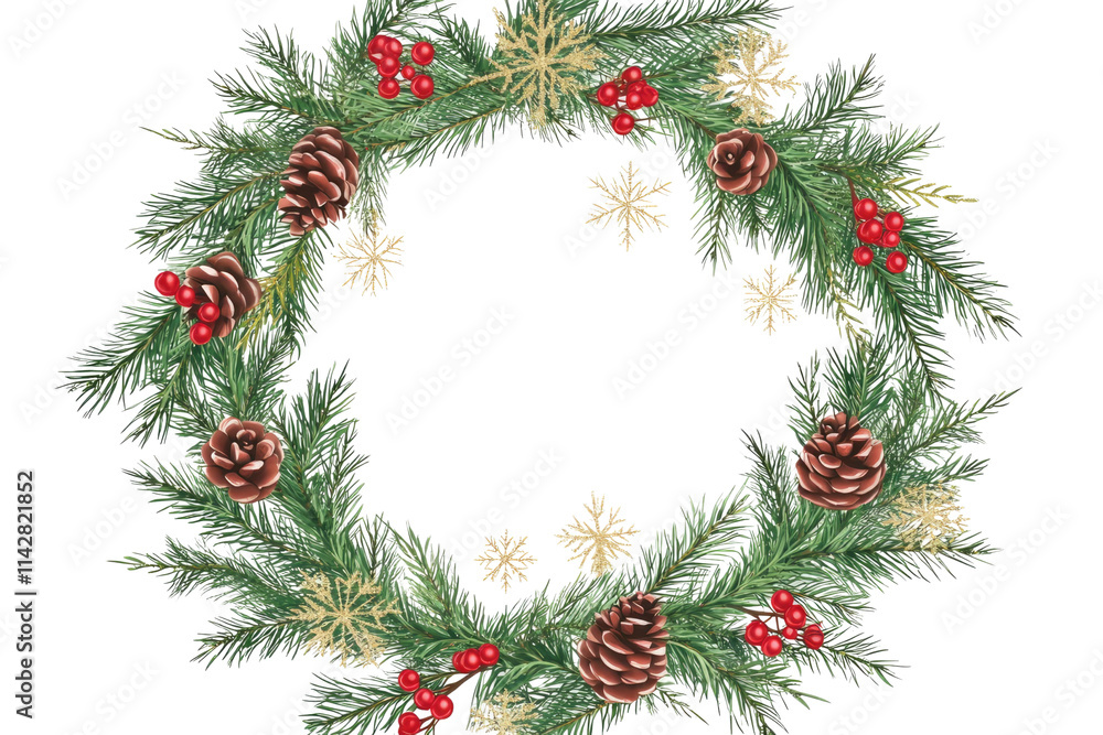 Festive Christmas wreath. Round frame made of conifer branches decorated with cones, artificial red berries and decorative gold snowflakes. Wreath isolated PNG Festive Christmas wreath. Round frame made of conifer branches decorated with cones, artificial red berries and decorative gold snowflakes. Wreath isolated PNG