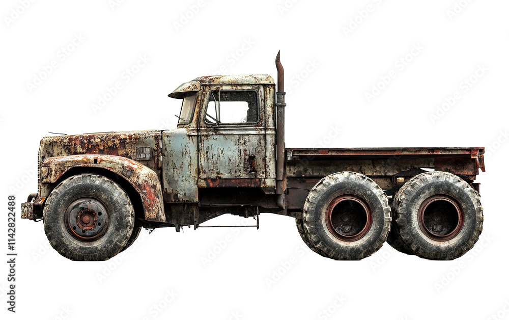 Dirty old truck with huge tire on transparent or white background,png Dirty old truck with huge tire on transparent or white background,png