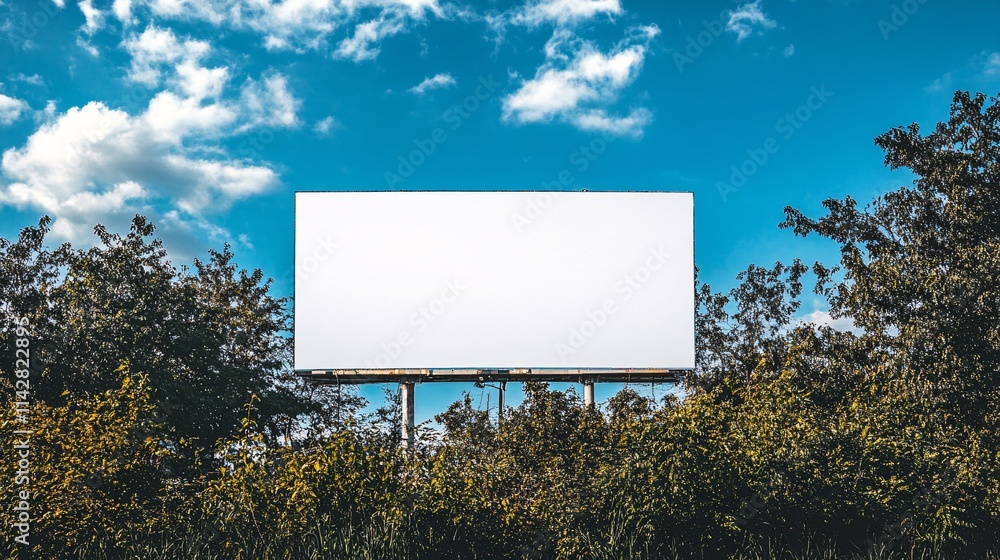 A blank billboard stands tall against a bright blue sky, surrounded by lush greenery and scattered clouds. A blank billboard stands tall against a bright blue sky, surrounded by lush greenery and scattered clouds.
