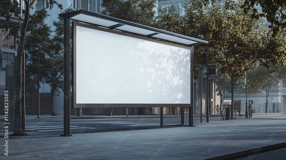 Obraz premium A modern, empty billboard in an urban setting, surrounded by trees in soft morning light.
