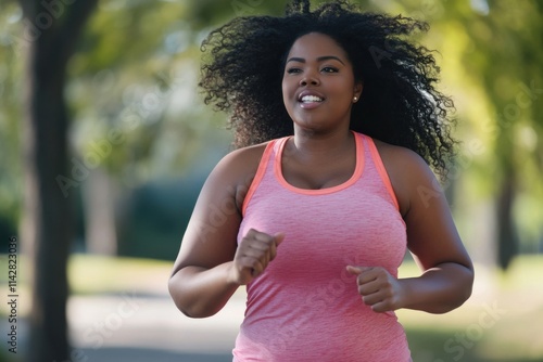 Plus size African American woman running at the park in a summer day. Overweight happy black female in sportswear training outdoor. photo