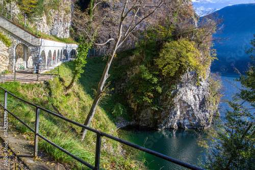 Amazing landscape with olve trail (Lugano-Gandria) and  lake Como, oand ther side of lake photo