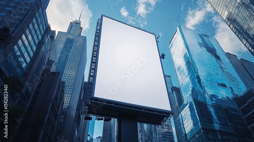 Vacant billboard in a bustling urban skyline, reflecting modern architecture and bright blue sky. photo