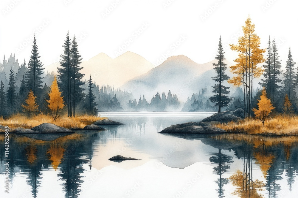 A serene lake scene with trees lining the shore A serene lake scene with trees lining the shore