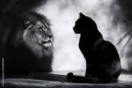 Majestic lion and black cat facing each other in monochrome. photo