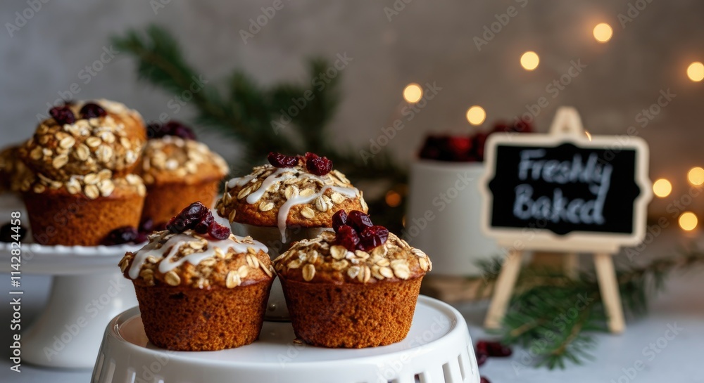 Assorted muffins with oatmeal and berries on cake stand