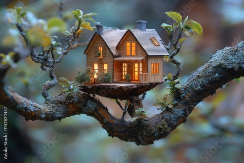 A small house perched high up on a tree branch, great for use in whimsical or fantastical scenes photo