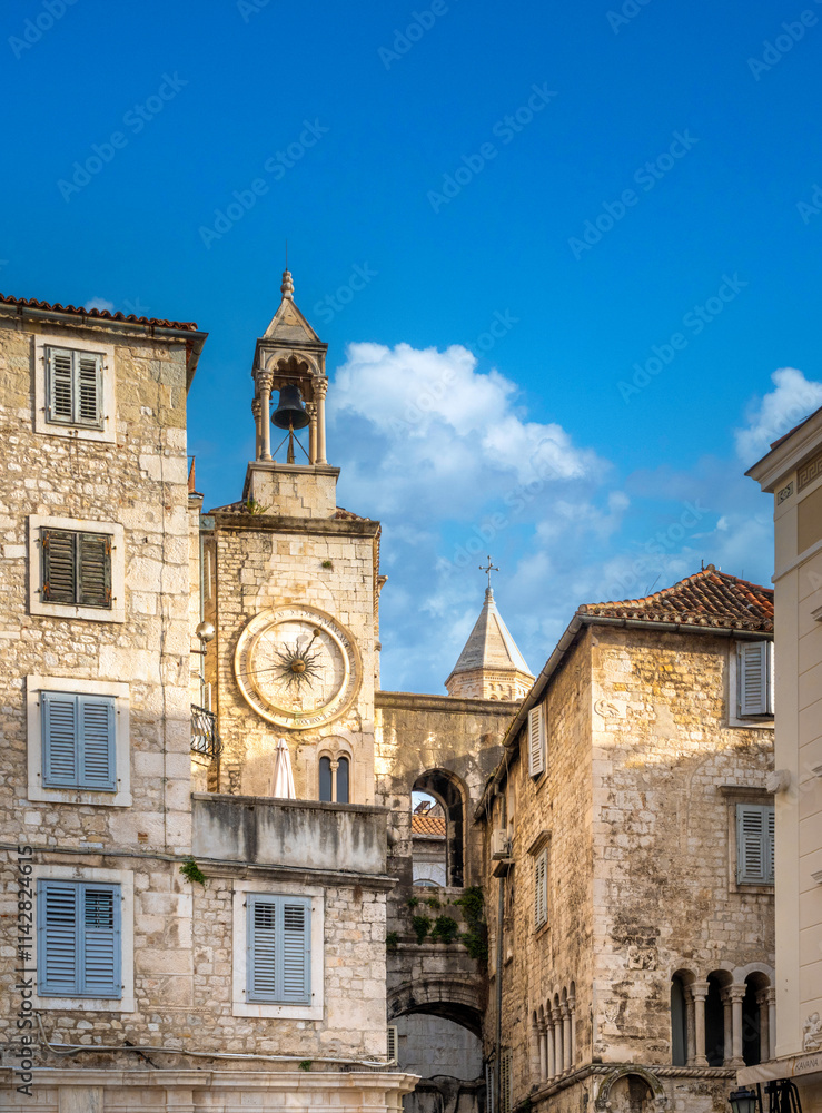 The clock tower dominating the skyline of Pjaca Square (Narodni trg), old town of Split, Croatia The clock tower dominating the skyline of Pjaca Square (Narodni trg), old town of Split, Croatia