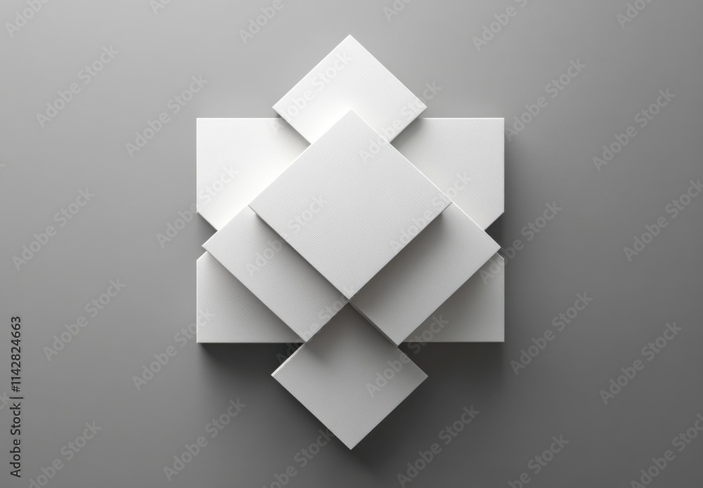 Abstract geometric composition of white squares arranged in a star-like pattern on a minimalist gray background, showcasing modern design and aesthetic appeal. Abstract geometric composition of white squares arranged in a star-like pattern on a minimalist gray background, showcasing modern design and aesthetic appeal.