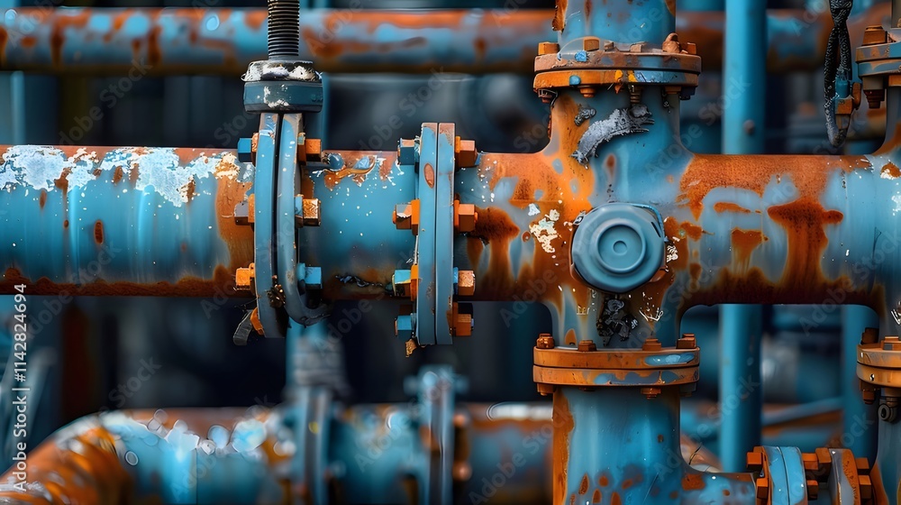 Close-up of rusty blue industrial pipes and flanges. Close-up of rusty blue industrial pipes and flanges.