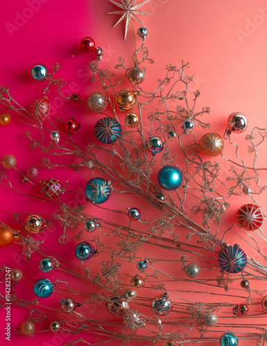 Vibrant Christmas ornaments arranged on glittered branches with a gradient pink background.
