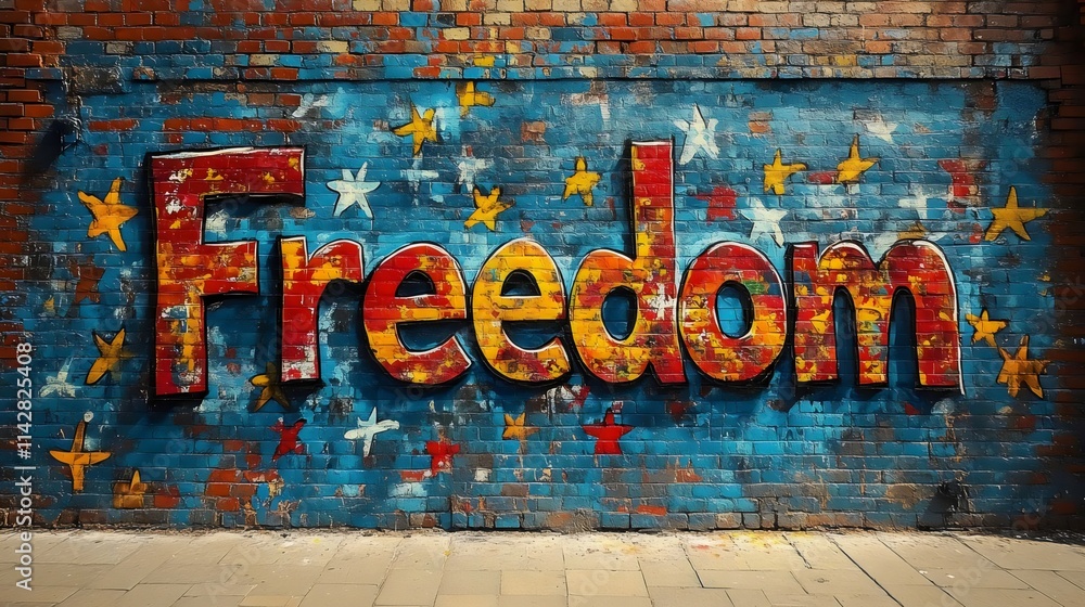 Fototapeta premium A colorful graffiti of the word freedom is painted on a brick wall