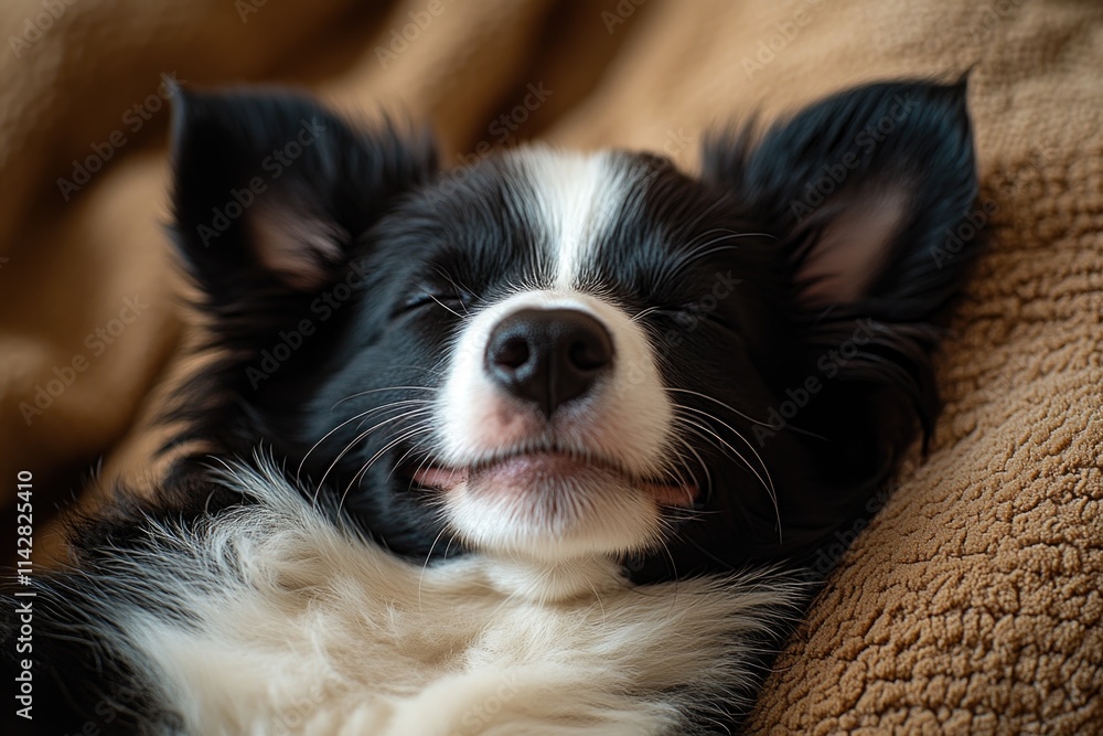 A black and white dog is lying on a brown blanket A black and white dog is lying on a brown blanket