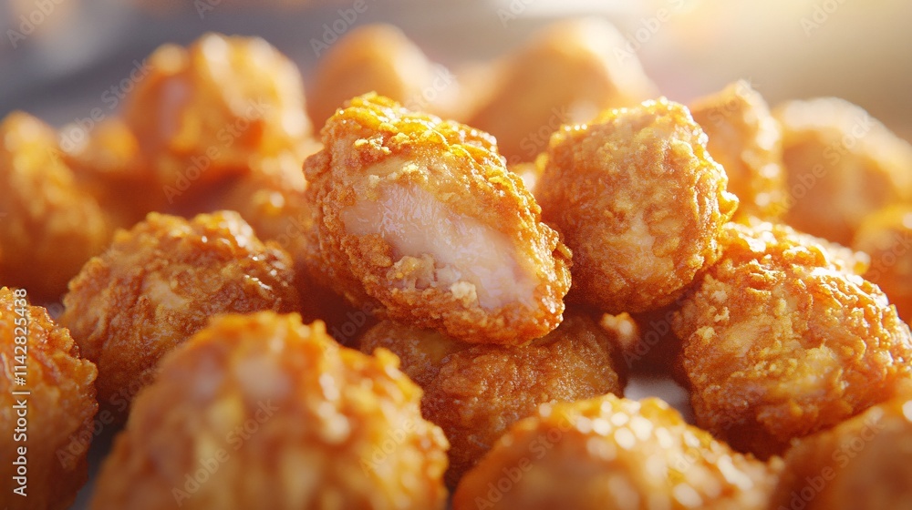 Crispy golden chicken bites piled high, exuding warmth and deliciousness. Crispy golden chicken bites piled high, exuding warmth and deliciousness.