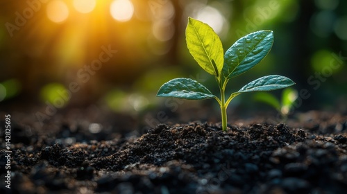 Young plant growing in sunlit soil: a symbol of new beginnings and nature's growth