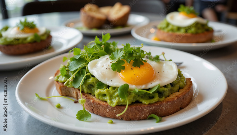 Avocado toast topped with fried egg and fresh herbs on a white plate Avocado toast topped with fried egg and fresh herbs on a white plate