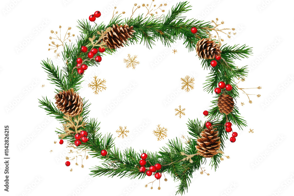 Festive Christmas wreath. Round frame made of conifer branches decorated with cones, artificial red berries and decorative gold snowflakes. Wreath isolated PNG Festive Christmas wreath. Round frame made of conifer branches decorated with cones, artificial red berries and decorative gold snowflakes. Wreath isolated PNG