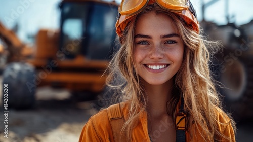 Young woman construction worker smiling on a bright day