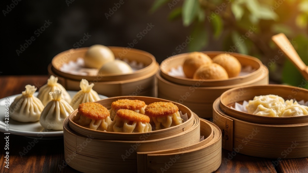 Naklejka premium Dim sum delicacies served in bamboo steamers, featuring dumplings, bao buns, and spring rolls on a rustic table