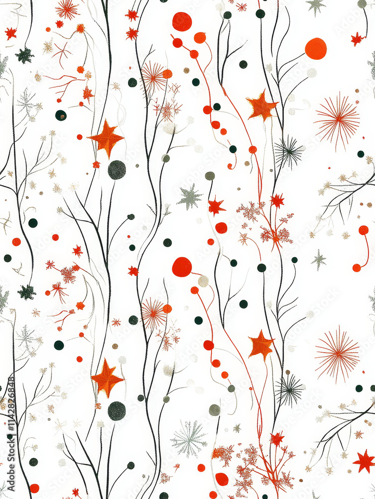Whimsical holiday pattern with stars, ornaments, and branches on white background Whimsical holiday pattern with stars, ornaments, and branches on white background