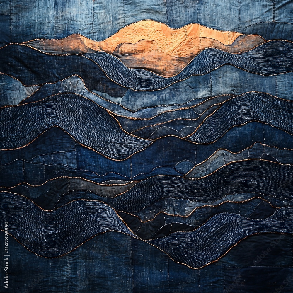 Denim textile artwork depicting a sunset over layered mountains.
