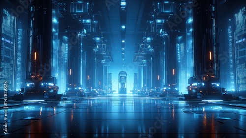 Wallpaper Mural Futuristic data center corridor with blue neon light and advanced technology Torontodigital.ca