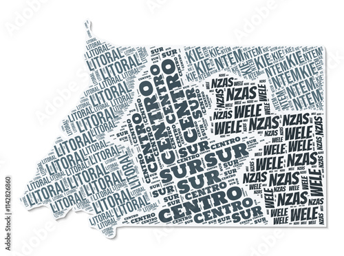 Equatorial Guinea shape text cloud. Country border with shadow on white background. Equatorial Guinea with regions division in vintage gazette style. Trending vector illustration.