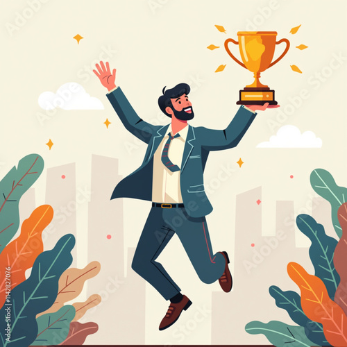 Modern business vector graphic illustration of a person in a workplace celebrating a trophy award success jumping for joy motivating company employees winning big recognition.