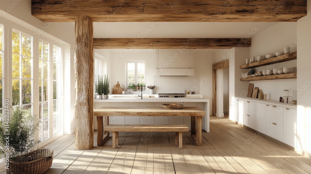 Rustic kitchen interior with wooden beams and natural light in a modern farmhouse setting Rustic kitchen interior with wooden beams and natural light in a modern farmhouse setting