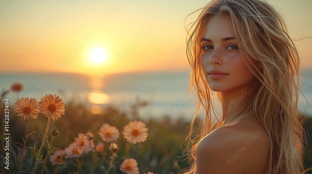 beautiful girl with soft flowing hair, standing on a hilltop, the ocean stretching out behind her, sunset light beautiful girl with soft flowing hair, standing on a hilltop, the ocean stretching out behind her, sunset light
