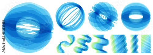 Set of spheres. Abstract wavy background made of many overlapping stripes and with dynamic effect. 3D vector illustration for brochure, banner, flyer or presentation.