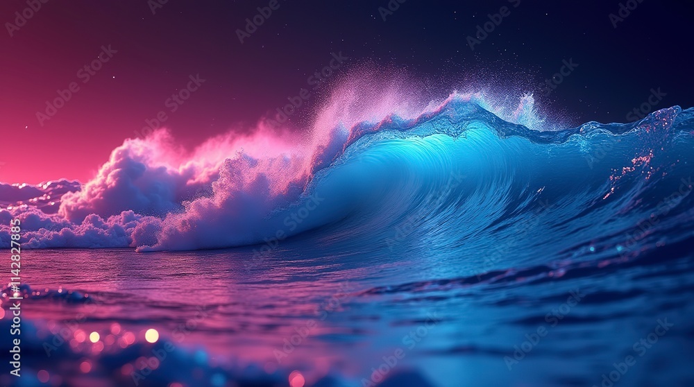 Naklejka premium A vibrant turquoise wave crashes against a dramatic pink sunset.