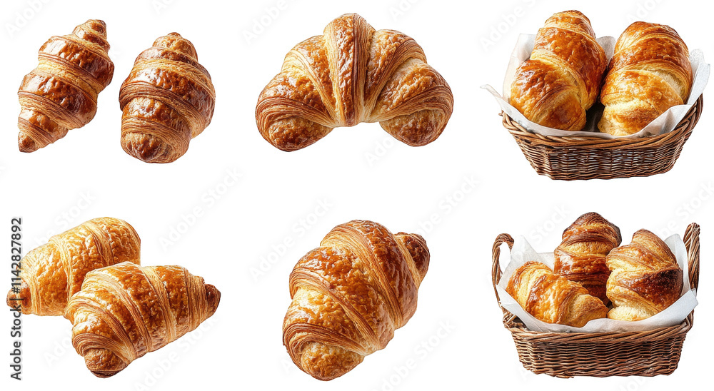 a collection of six freshly baked croissants in various arrangements some are isolated. while others are presented in a wicker basket lined with paper the croissants have a golden-brown crust and a fl a collection of six freshly baked croissants in various arrangements some are isolated. while others are presented in a wicker basket lined with paper the croissants have a golden-brown crust and a fl