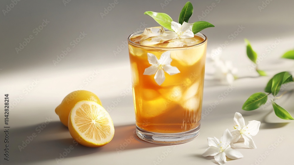 Fototapeta premium Refreshing iced tea with lemon and flowers, captured in soft light, evoking a serene and inviting mood.