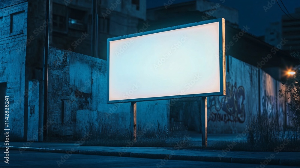 An empty billboard stands in an urban alley at night, illuminated by soft blue light amidst a graffiti-covered wall. An empty billboard stands in an urban alley at night, illuminated by soft blue light amidst a graffiti-covered wall.
