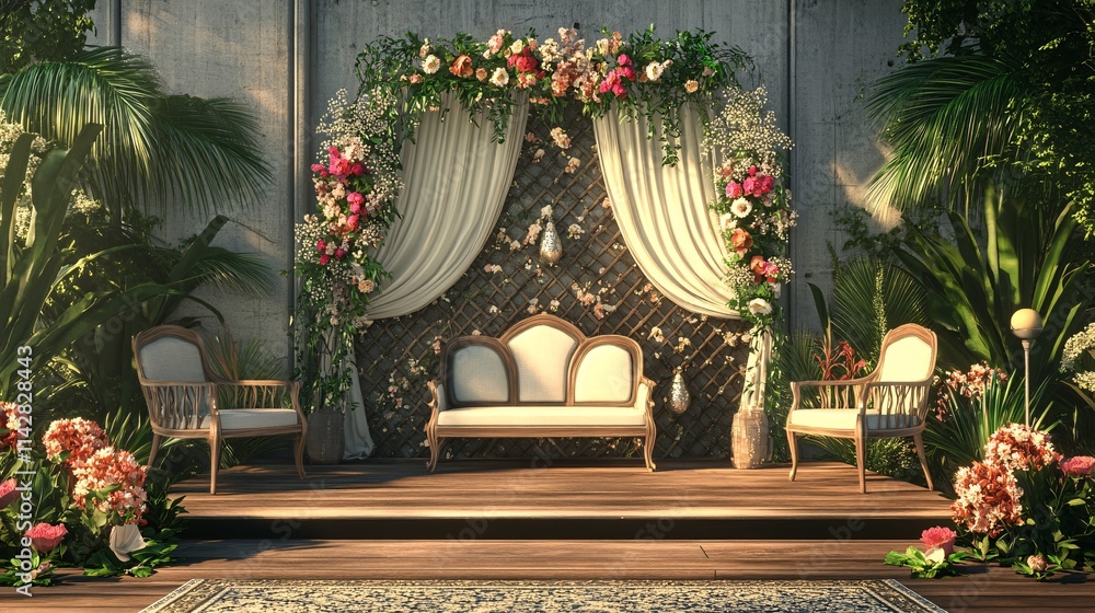 Fototapeta premium A beautifully decorated floral backdrop with elegant seating, perfect for a romantic or special event.