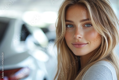 Free Download A portrait of a woman with long blonde hair and blue eyes, looking directly at the camera - GFXLoad