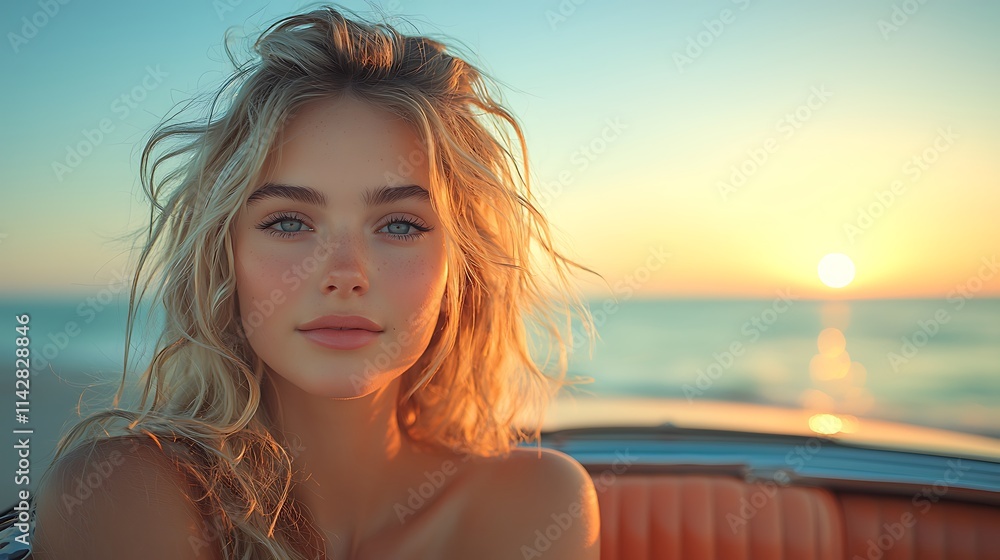 stunning girl with soft blonde curls, sitting in a vintage car parked along the ocean, sunset on the horizon stunning girl with soft blonde curls, sitting in a vintage car parked along the ocean, sunset on the horizon