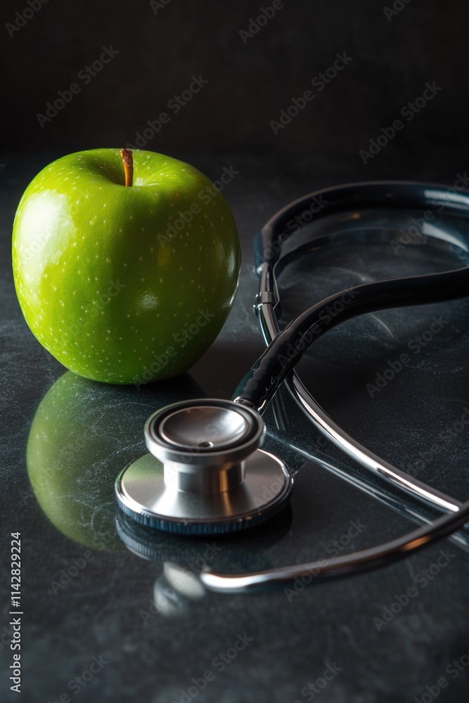 A green apple with a stethoscope placed beside, perfect for health or nutrition illustrations A green apple with a stethoscope placed beside, perfect for health or nutrition illustrations