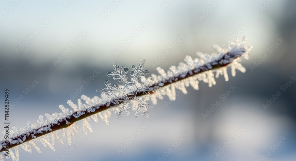 Detailed snowflake on ice-covered branch in winter Detailed snowflake on ice-covered branch in winter