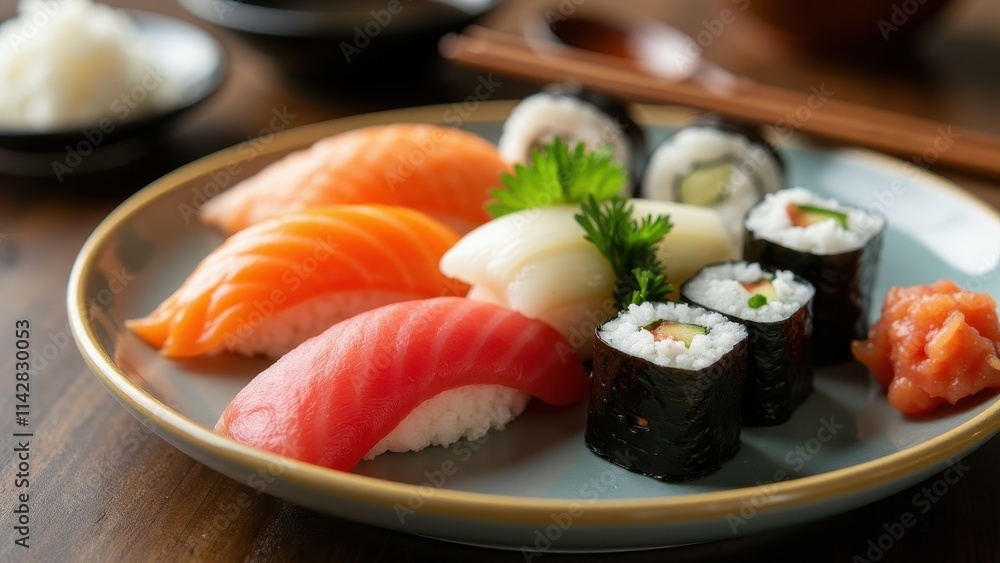 A close-up of an artful sushi platter with nigiri, sashimi, and maki rolls, served with chopsticks and soy sauce on a minimalist plate A close-up of an artful sushi platter with nigiri, sashimi, and maki rolls, served with chopsticks and soy sauce on a minimalist plate
